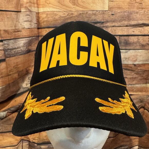 VACAY Trucker Hat Cap Black Yellow Mesh Captain Style Snapback Beach Vacation - Picture 1 of 7